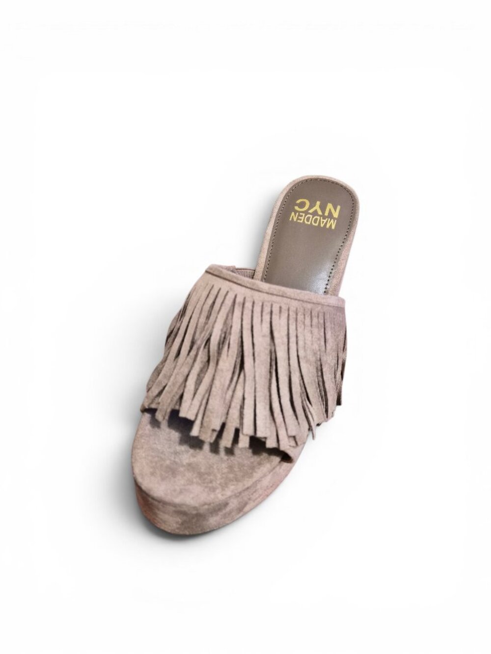 NIB Madden NYC Women’s Fringe Boho Wedge Slide Sandal Platform Size 6 Taupe - Picture 5 of 7